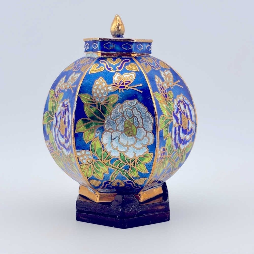 Miniature Hexagonal Cloisonné Ginger Jar With Lid And Wood Stand